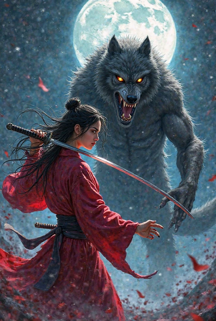 Create a cover for a book where a female protagonist with a red haori and with a katana who is fighting a werewolf and that it is night 