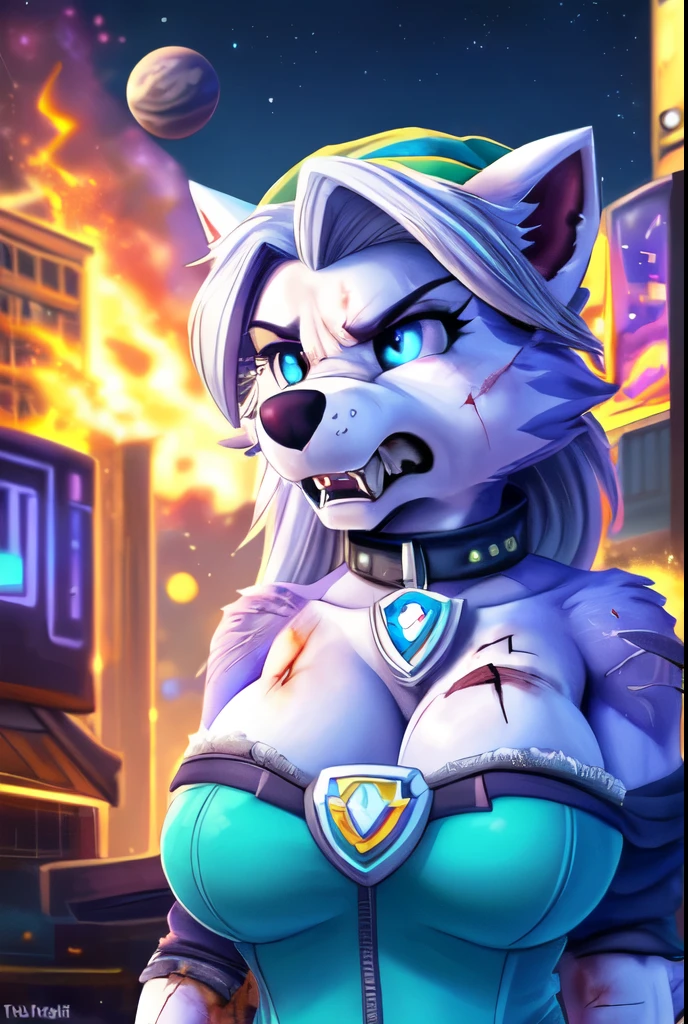 [best quality, shaded, extreme detail, highly detailed, ultra detailed, intricate, realistic, perfect ???????], furry, wolf woman, fluffy fur and hair, silver fur, fluffy tail, big breast with cleavage, nurse costume, tight clothing, tight clothing