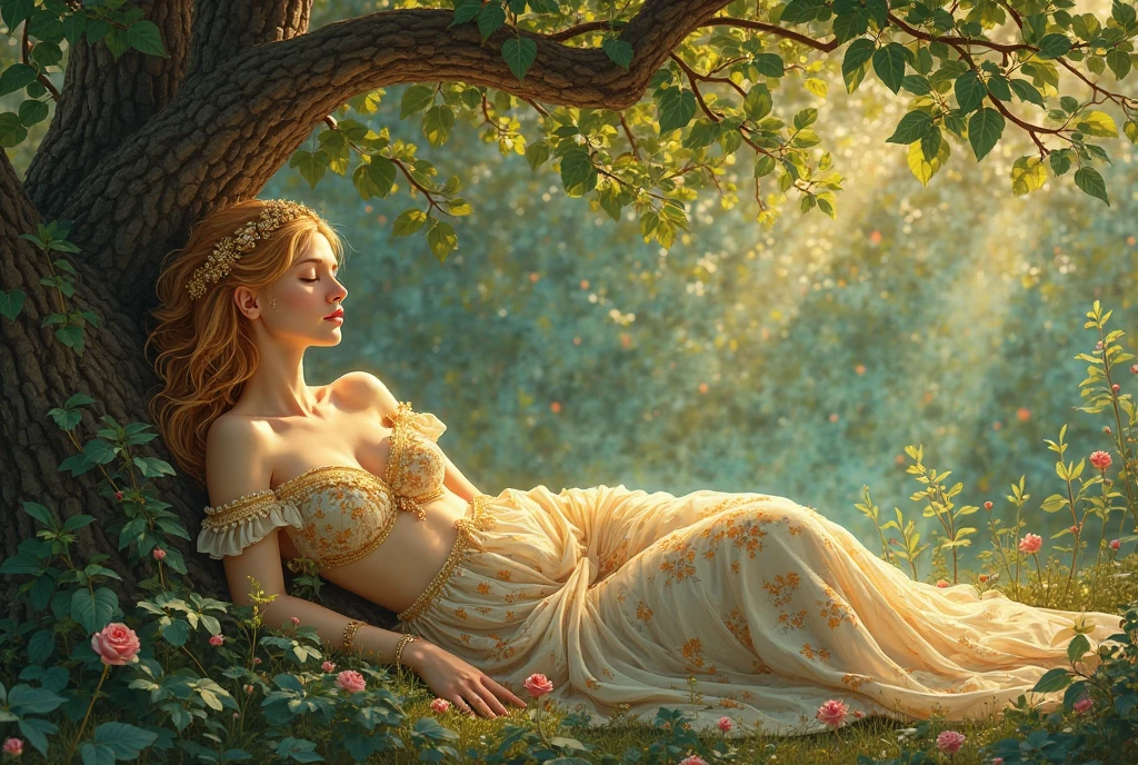 A painting of a woman resting by a tree with her eyes closed, inspired by Rebecca Guay, Gustav Klimt 4k, Alphonse Mucha. saturated colours, Art Nouveau painting, Mucha Klimt, painting of the beautiful, Rebecca Guay, Sam Guay, , Gustav Klimt 4k, Gustav Klimt 4 k, Gustav Klimt 4 k, Gustav Klimt 4 k, Pre-Raphaelite style