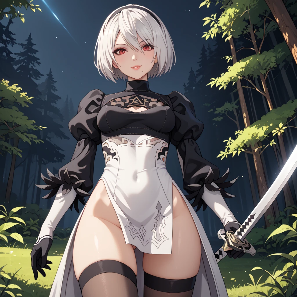evil YoRHa 2B perfect doll, seductive, slutty, sexy, Nier Automata, 1girl, tall, athletic, pale skin, short white hair with side bangs, black blindfold, silver bob cut, white hair, red eyes, black gothic combat dress, high collar, white embroidery, puffy sleeves, tight bodice, thigh-high black stockings, black gloves, sleek and futuristic, standing proud, looking at viewer, elegant, composed, high quality, high resolution, masterpiece, best, dark forest, night, outdoor, walking forward, centered, upper body, close-up of neck, cowboy shot, detailed mechanical textures, glowing accents, faint aura, cinematic lighting, moody atmosphere, from below, pointing at viewer, mean smile, confident, cocky, arrogant, thin, skinny, sword, sword in sheath, Katana behind her back.