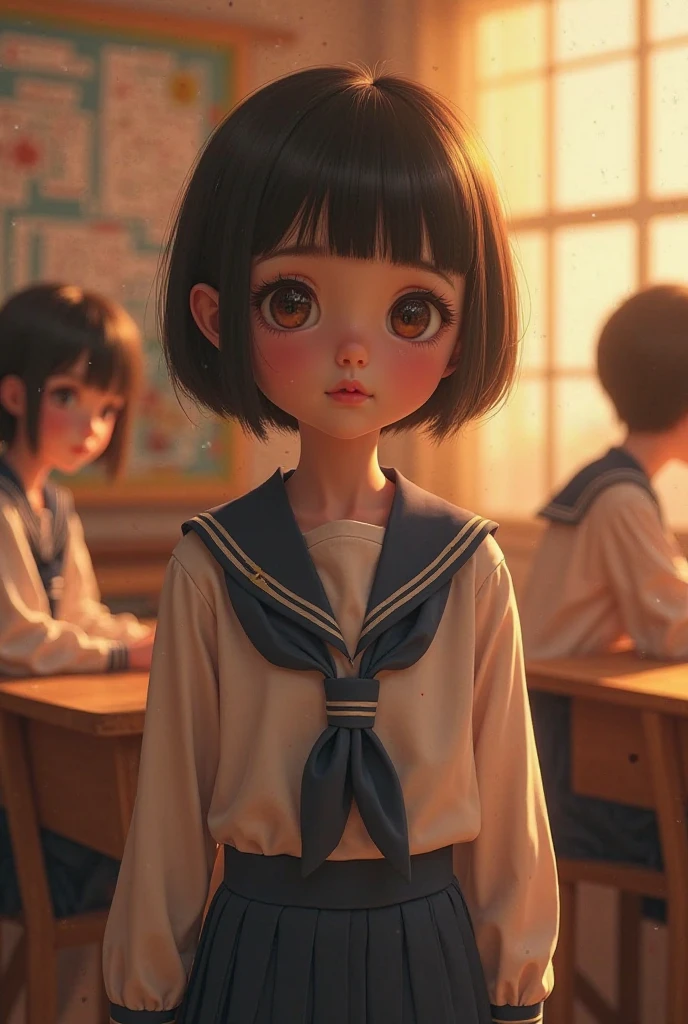 Generate the image: Background of a school classroom, with students and teacher, Characters: A young adult, in uniform, disheveled black hair, shoulder length, with bangs, black eyes, with freckles on her face, and very white, sitting on the overturned chair towards the chair behind hers. In the back seat, a young adult with light brown hair, light eyes, and uniform, smiling and looking at the girl. Hyper realistic design, Studio lighting