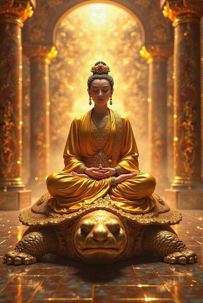 (Photo brute, meilleure qualité), (réaliste:1.1), chef-d&#39;œuvre, ultra-détaillé, expression sereine, robe au design complexe, personnage éclairé, position du lotus, Accents dorés, aura dorée, visiblement apaisant, cadre paisible, Fond de temple antique, Des couleurs harmonieuses, motifs complexes méticuleusement peints, traits du visage détaillés, illusion réaliste, Éclairage doux, Résolution 4k, textures vibrantes, Concentration profonde, photoréaliste, symbolisme spirituel.

Une majestueuse statue de Bouddha, au calme et au repos,
Robes finement peintes, dans des tons d&#39;or et de vert,
Aura dorée scintillante