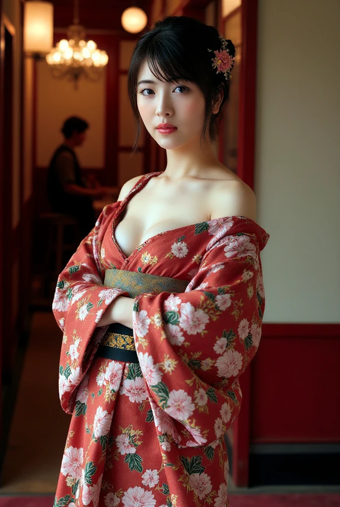 In a futuristic scene, Geisha in Japan with mechanical reinforcement、Elegant in elaborate gardens. She has beautifully detailed eyes and lips that complement her face. She also has tattoos on her face and neck.! Geisha wear traditional kimonos with intricate patterns and designs. Around her are bright cherry trees and a quiet carp pond. The scene is painted with a mixture of illustration and photorealism, Ultra-detailed brushstrokes and clarity, bright coloured. Lighting emphasizes the geisha's elegant features, Gives your porcelain skin a soft glow. The art is of the highest quality, 4K or 8K resolution, Show off the intricate details of the geisha costume, cherry trees, And the glistening scales of the carp. The general color scheme is、It is a combination of traditional shades from Japan, crimson, etc.., black, and subtle gold details, With a futuristic touch. The fusion of ancient traditions and modern technology is、Create captivating, visually stunning masterpieces.Shoulders are exposed, the chest is visible、You can see the valley、are visible、Shoulders exposed、Breast revealed