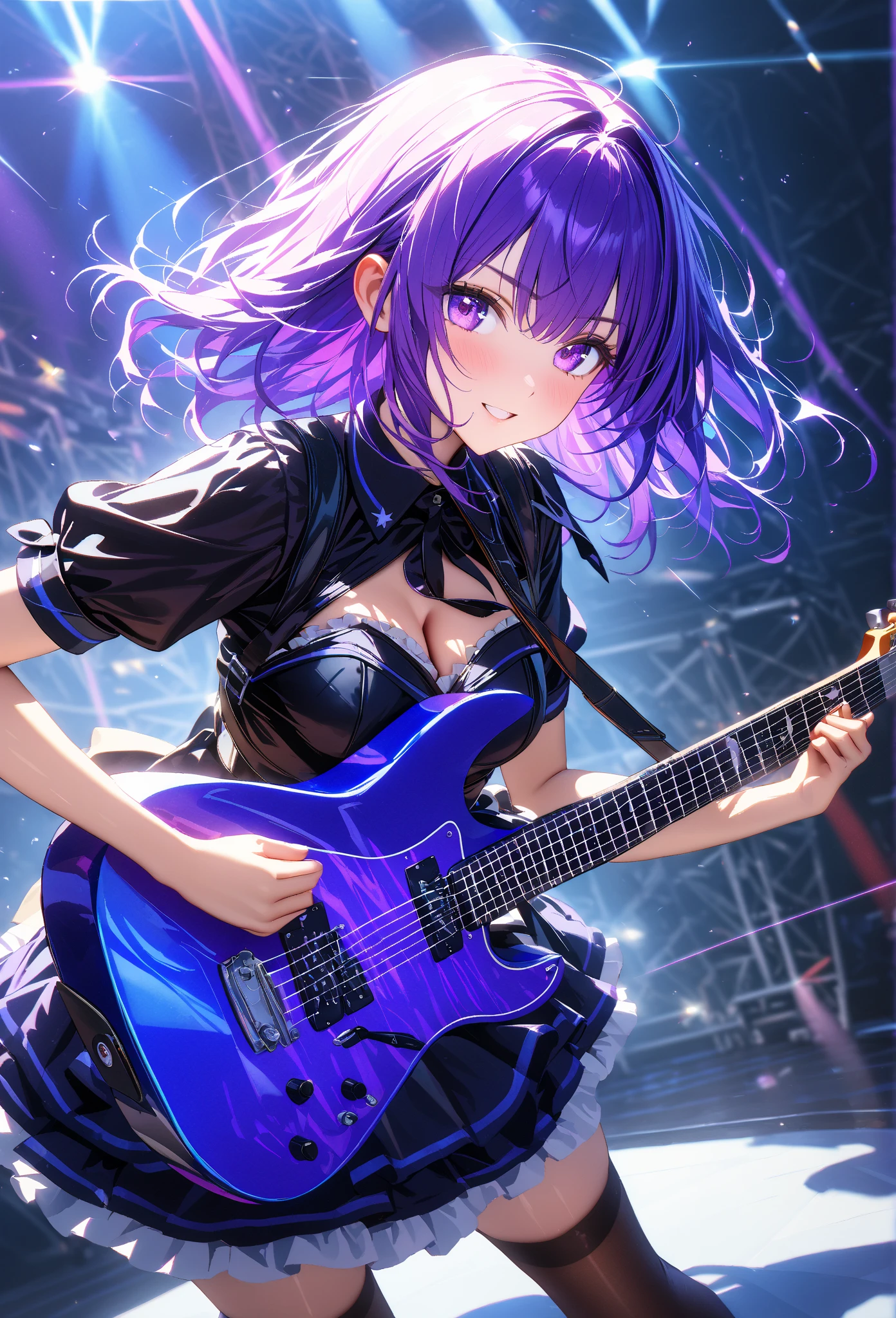 1girl, Senjougahara Hitagi, monogatari (series), masterpiece, best quality, absurdres, dramatic stage lighting, Glam Rock, 70s-inspired rock star fashion, confident rock star pose, backstage concert setting, purple hair clothing:
Shimmering purple jumpsuit with a plunging neckline and flared legs
Studded black leather jacket with oversized lapels and fringe details
Wide metallic silver belt with a large, ornate buckle
Platform boots in glossy black leather with silver glitter accents
髪型:
Long, voluminous purple hair styled in wild, tousled waves
Choppy bangs falling over one eye
Streaks of silver and black for added drama
アクセサリー:
Multiple chunky silver rings on each finger
Layered necklaces mixing chains, Pendants, and black velvet chokers
Dangling earrings with guitar pick shapes and tiny silver stars
Studded leather wristbands
メイク:
Dramatic smokey eye with glitter in shades of purple and silver
Bold black eyeliner with an exaggerated wing
Shimmering purple lipstick
Glitter scattered across cheekbones and collarbones
ポーズと環境:
Striking a classic rock star pose with one hand on hip, the other holding a microphone stand
Backstage area with vanity mirrors surrounded by light bulbs
Racks of flamboyant stage costumes visible in the background
Vintage amplifiers and guitar cases scattered around
小物:
Electric guitar with a custom purple and silver finish
Embellished microphone with dangling chains and crystals
Half-empty bottle of high-end champagne
Customized purple guitar pick with the character's initials