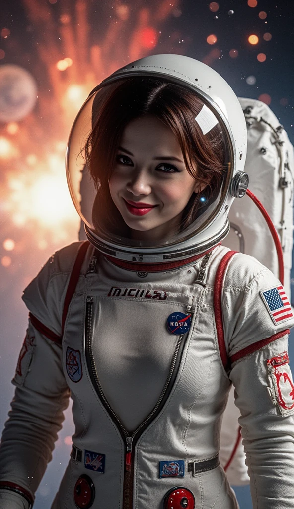 A hyper-detailed, photorealistic scene of a female astronaut, with facial features, skin texture, hair color, and hairstyle exactly matching those of the LoRA selected in SeaArt’s toolbar. Preserve the precise facial structure, hair details, and styling (e.g., sleek bun, flowing locks visible through the helmet, or tight braid) as defined by the chosen LoRA, with no alterations. She is floating weightlessly in outer space, with a stunning, cinematic view of Earth in the background, dramatically exploding in vibrant shades of orange, red, and white, with glowing debris scattering into the cosmic void. Her spacesuit is a highly detailed, authentic NASA-inspired design, featuring realistic textures, reflective surfaces, and official patches, but modified for a sensual aesthetic: a slightly unzipped front revealing a tasteful, alluring glimpse of her cleavage, blending futuristic functionality with elegance. The chest area of the suit is free of any equipment box or bulky attachments, presenting a clean, streamlined look. Embroidered prominently on the suit is the classic Incubus band logo, reimagined in the iconic style of the NASA logo, with bold, retro-futuristic typography and a sleek, professional finish. Her transparent helmet showcases her joyful, enamored expression—a radiant smile and sparkling eyes filled with love and wonder. Soft starlight and the glow from the exploding Earth illuminate her face and suit, casting delicate reflections. The scene is ultra-realistic, with intricate details in the suit’s fabric, her skin, and the cosmic environment. Background includes faint stars and a sense of infinite space, ensuring no distortion to the LoRA’s facial features, hair color, or hairstyle.

