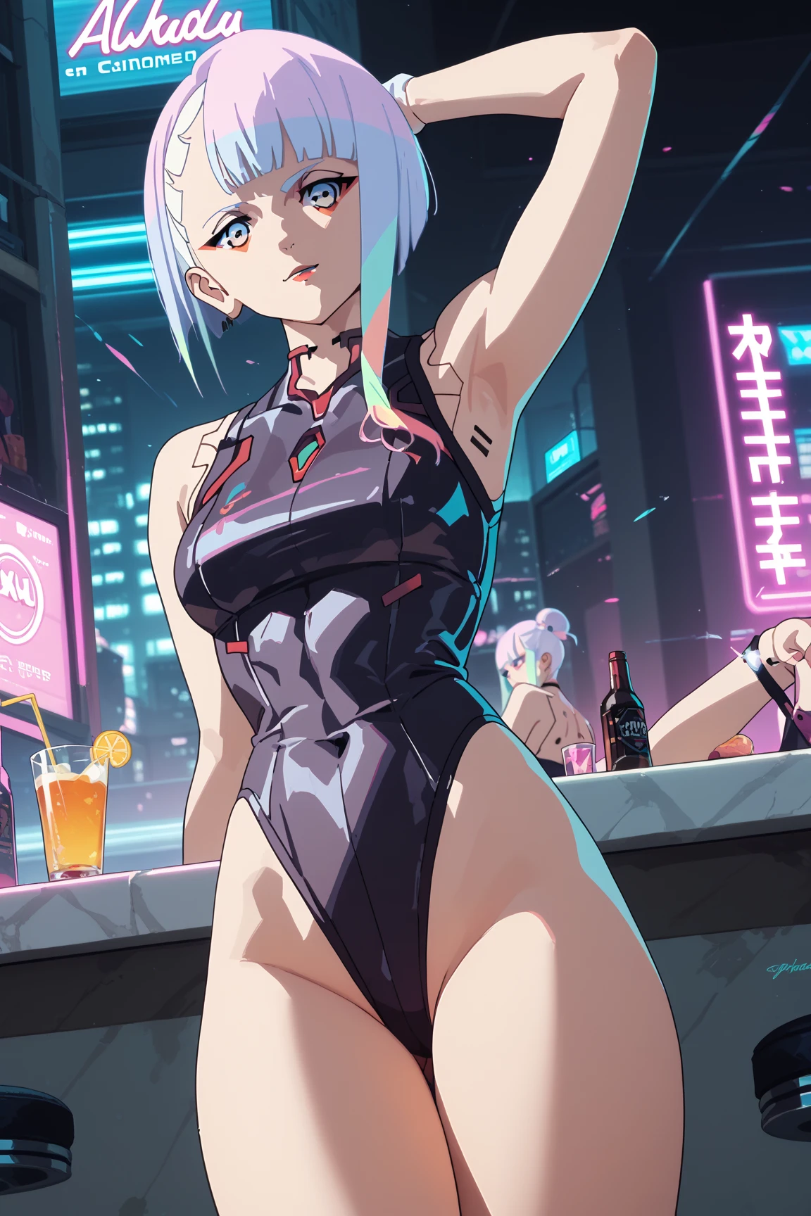 1 girl, solo, Beautiful figure (Proper Anatopy, Slim, Slender figure, shapely legs, Anime style, white colored hair, Bob hairstyle, Very detailed face, Very beautiful face, Beautiful slim figure, femininity,masterpiece, Lucy, cyberpunk edgerunners, showing armpits and pussy half naked, (((showing armpits))) neon background city.