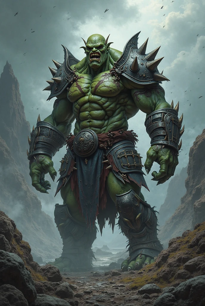 Digital painting, Ork Meganob, Bad Moons Klan, Powerful Pose, crude yellow and black armor, battle damage, gritty, wielding power klaw in left hand,
extremely detailed, expressive, grimdark, bold lines, dynamic composition, impasto, volumetric lighting, matte painting, vignette, soft edges,
By Haoyuan Li.