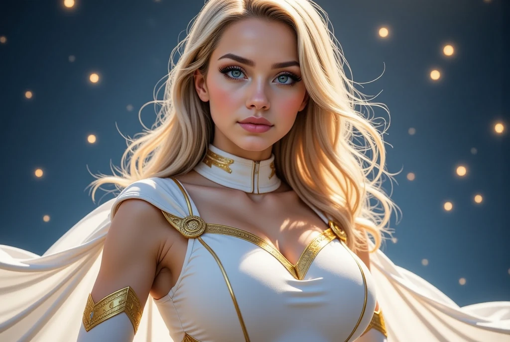 FEMALE, BLUE EYES, BLONDE HAIR. 2O YEAR  STARLIGHT FROM THE TV SERIES THE BOYS, WEARING A WHITE AND GOLD STARLIGHT COSTUME, WITH GOLD BOOTS AND A WHITE CAPE. NO GLOVES. digital photo realistic