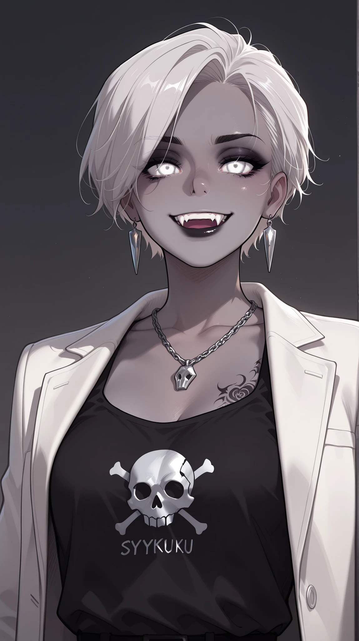 masterpiece, best quality, amazing quality, newest, very aesthetic, 1girl,gray skin,white short hair,white eyes,vampire teeth,silver earrings,silver skull neckless,evil smile,looking at the viewer,white jaket,black short tanktop,sythe tattoo on her neck,black long sharp nails,upper body,dynamic gray background,japanes text