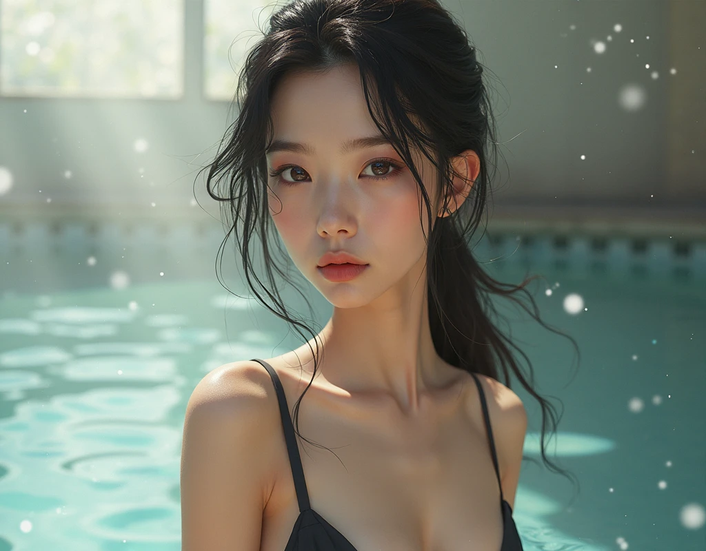 ((Best Quality, 8k, Masterpiece: 1.3)), 1 girl, Beautiful girl with slender abs: 1.3, (random hairstyle, huge breasts: 1.2), Wet clothes: 1.2, Ultra detailed face, detailed eyes, double eyelids, sexy swimsuit, black bikini