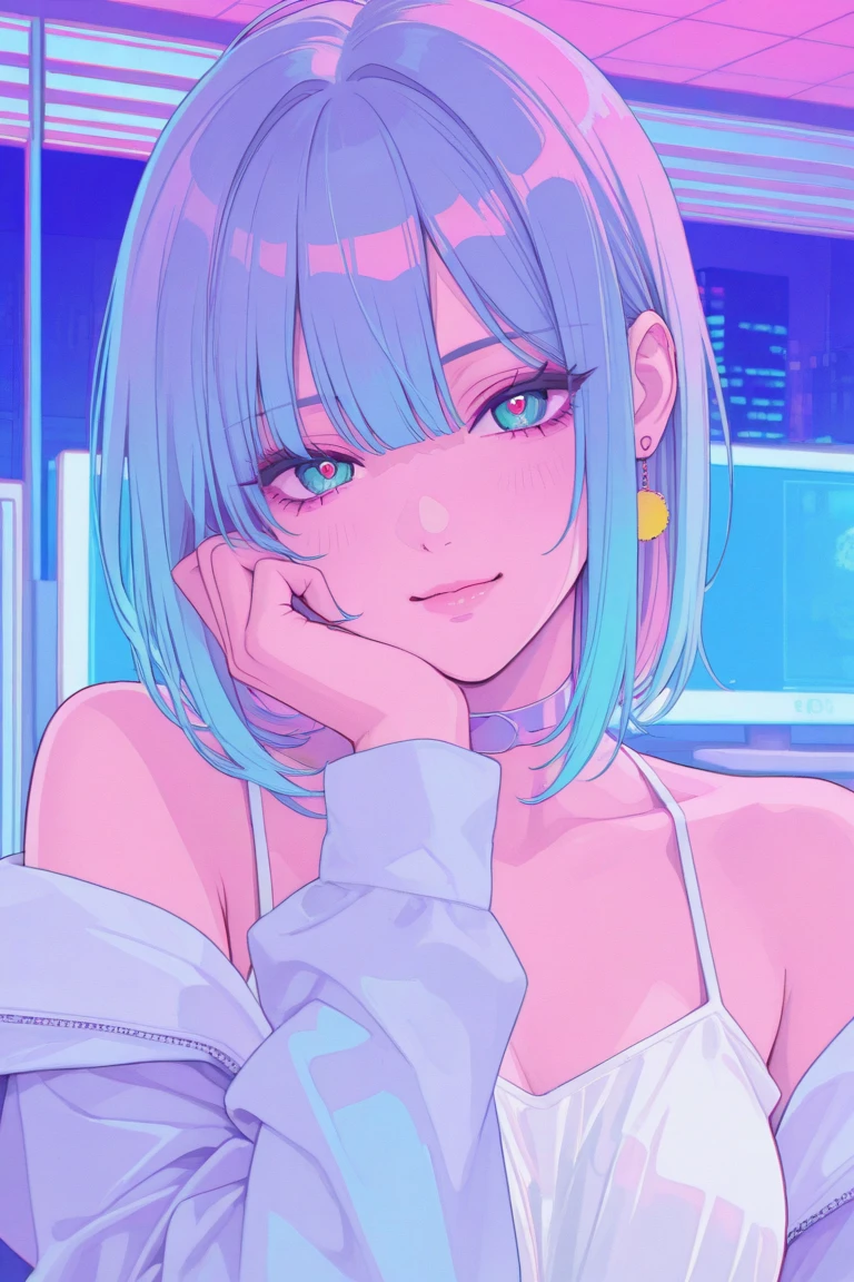 1girl,a beautiful fashion model ,(masterpiece, detailed background, best quality),short and shiny hair, blue green hair, hair with highlights, bangs, smirk,juicy lips,red lips, calmart, lingerie, stripping, elegant makeup, blue eyes, full body shot, (shiny skin), cyberpunk, sci fi, boa, extravagant jewelry, cocky expression, covered in jewelry, fancy, white dress, ((hand covering mouth, smug, discrete laughter)), perfect hand, five fingers