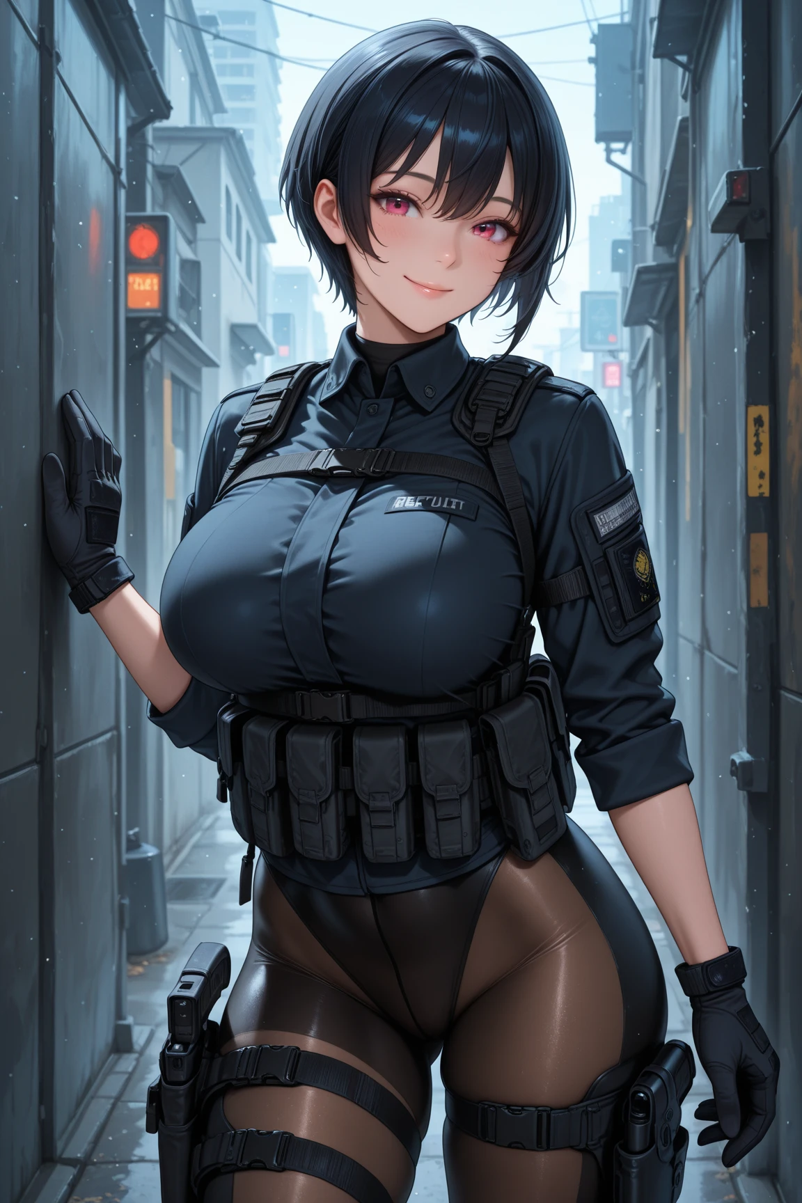 woman,25 years old,,city,night,(((white and blue tight miniskirt bodysuit))),,open mouth smile(())(Glasses),(()),(()),blush、surprised face,((())),((look back))wet with sweat
