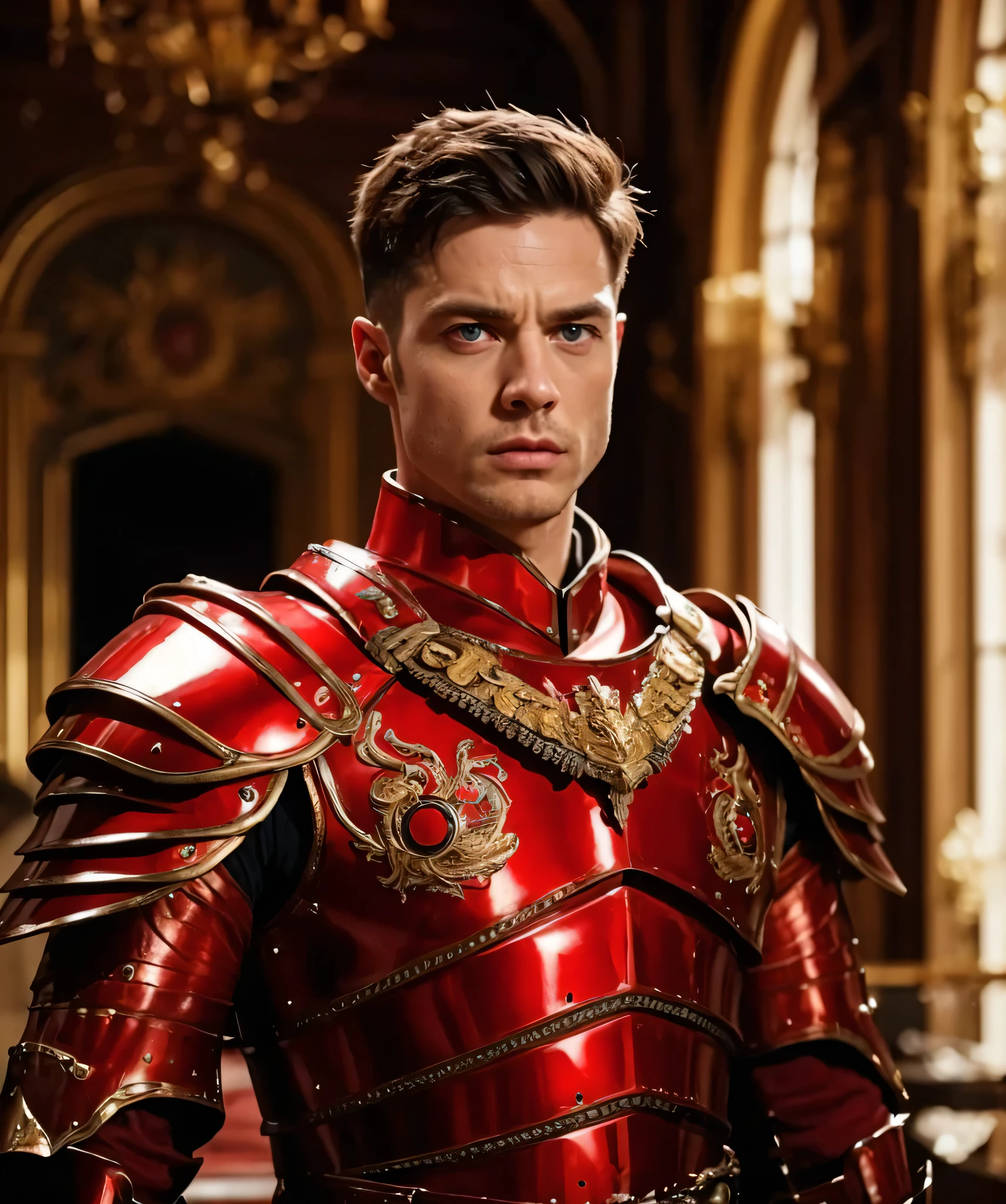 A General, he has blue eyes and brown hair. He is wearing full red armour. Realistic with cinematic vibe.