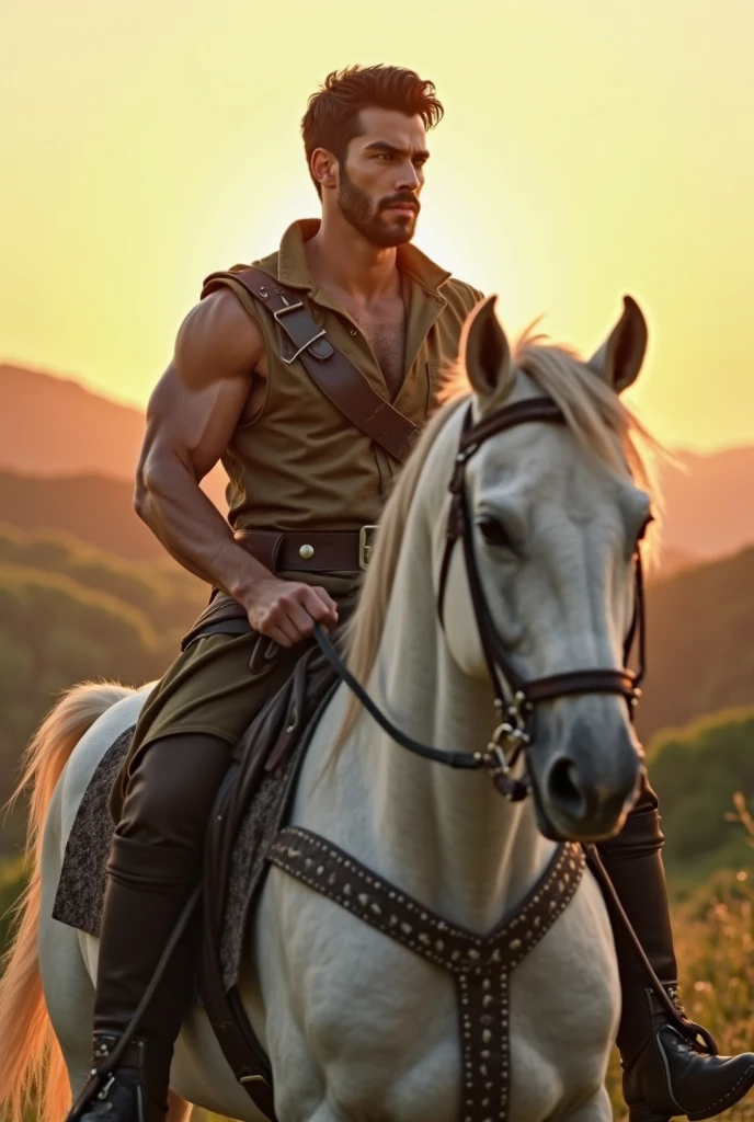 Shirtless muscular man riding a white horse with a castle in the background