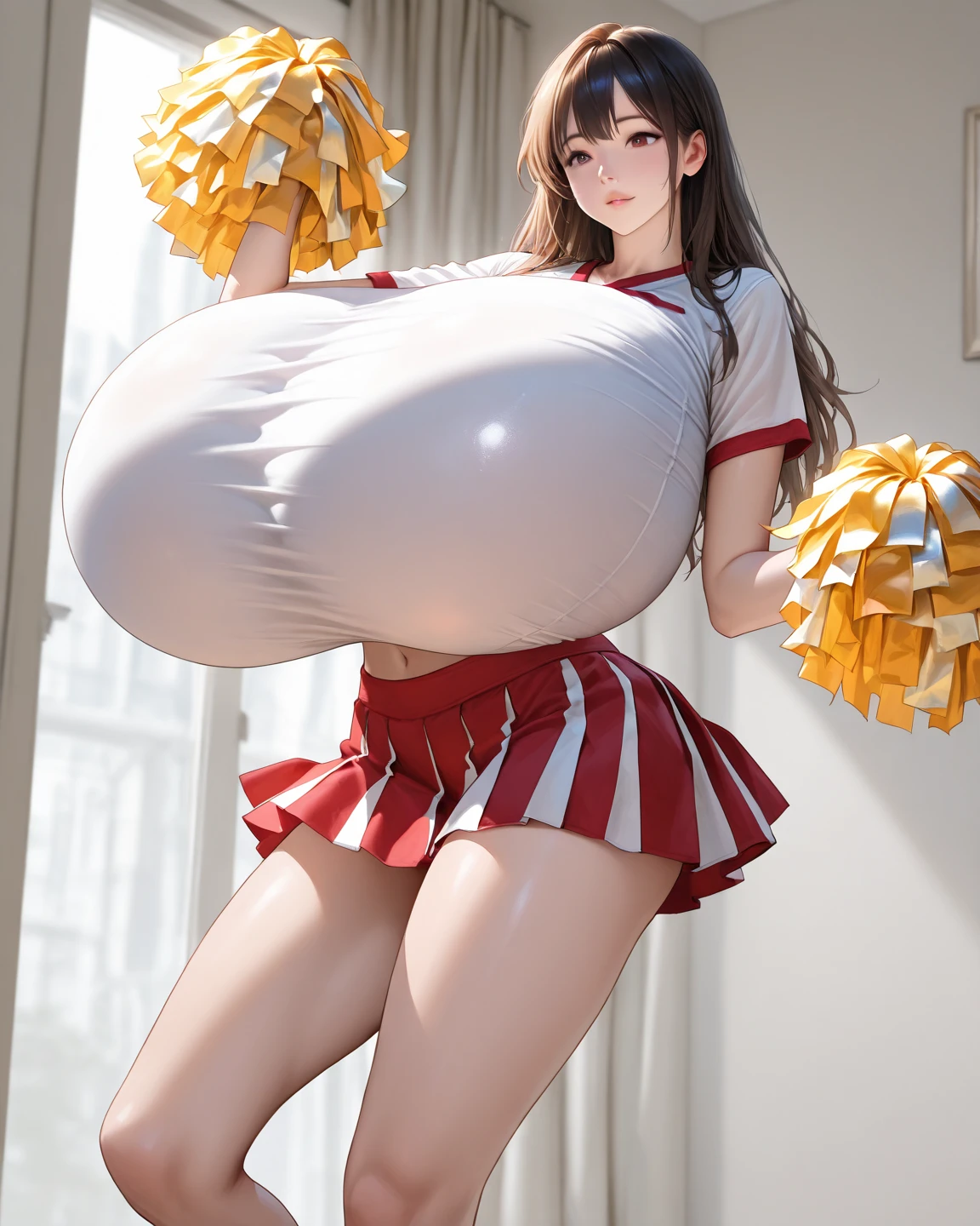 ((masterpiece)), ((best quality)), ((highres)), ((detailed background)), ((extremely detailed CG unity 8k wallpaper)), outdoors, (crowded football stadium background:1.5), ((cheerleader with super massive breasts)),