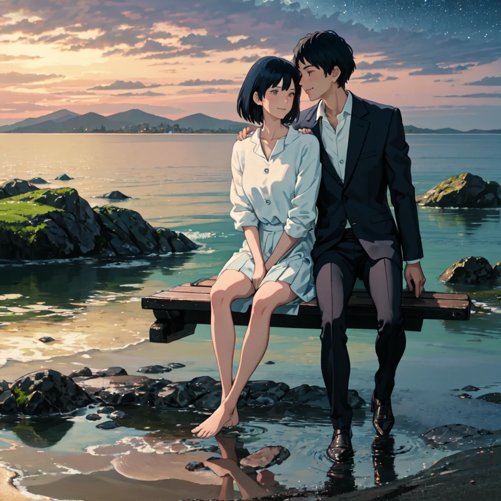 A photorealistic high-resolution image of a age couple in school uniforms sitting together on a quiet beach at night. The scene is illuminated by soft moonlight and filled with stars in the sky. The boy wears a blue school blazer, white shirt, grey tie, black pants, and a backpack. He has short black hair and a relaxed, romantic expression. The girl has short black hair, wears a semi-casual light blue blouse with a navy blue long skirt, and sits closely next to him, gazing softly. They are smiling at each other, barefoot on the sand, with gentle waves and moon reflections behind them. Background includes subtle bokeh lights from distant city, giving a peaceful and intimate evening vibe. Ultra-detailed textures, cinematic lighting, depth of field, 8K resolution, realistic skin and fabric textures.