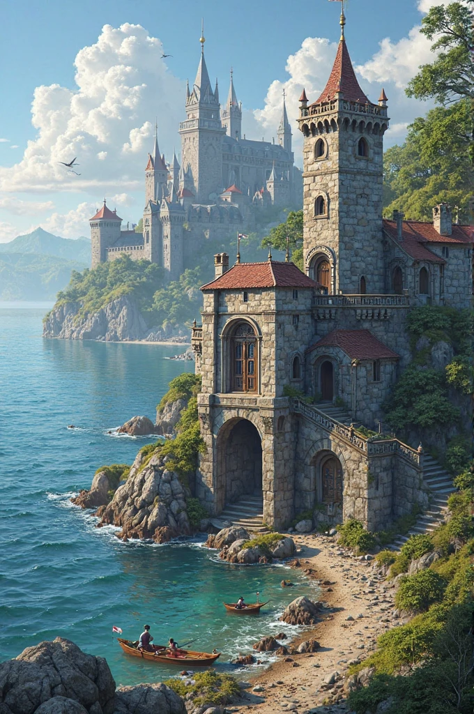 Small keep on the coast near docks. Large medieval castle in the background.
