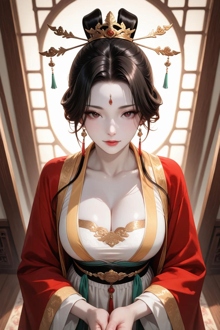 surrealism, High detail, Cinematic lighting, Ray tracing, angle of view, Eye level shots, hyper HD, Masterpiece, Textured skin, 4K, Best quality, beautiful daughter from a minang mother and china father. named as Li Xianying. an epic story about old civilization from nusantara peoples, (make sure she is very beautiful and wearing minang 4 layers royal tradisional hanfu), and have a smoot and pale skin. she is knows as mak lampir in nusantara or the holly mother of minang