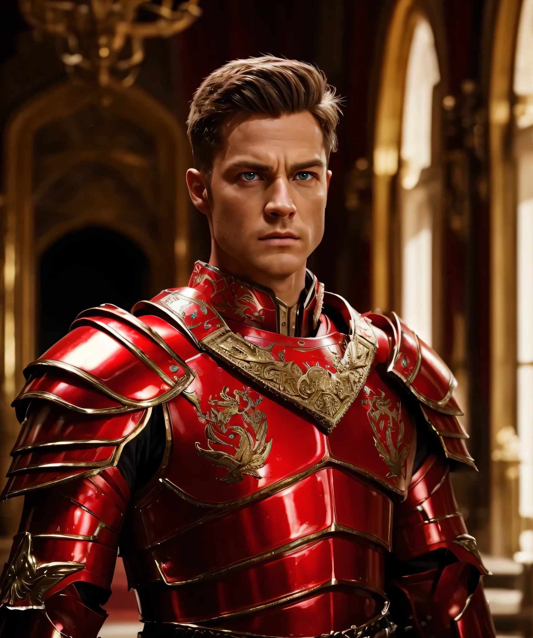 A General, he has blue eyes and brown hair. He is wearing full red armour. Realistic with cinematic vibe.