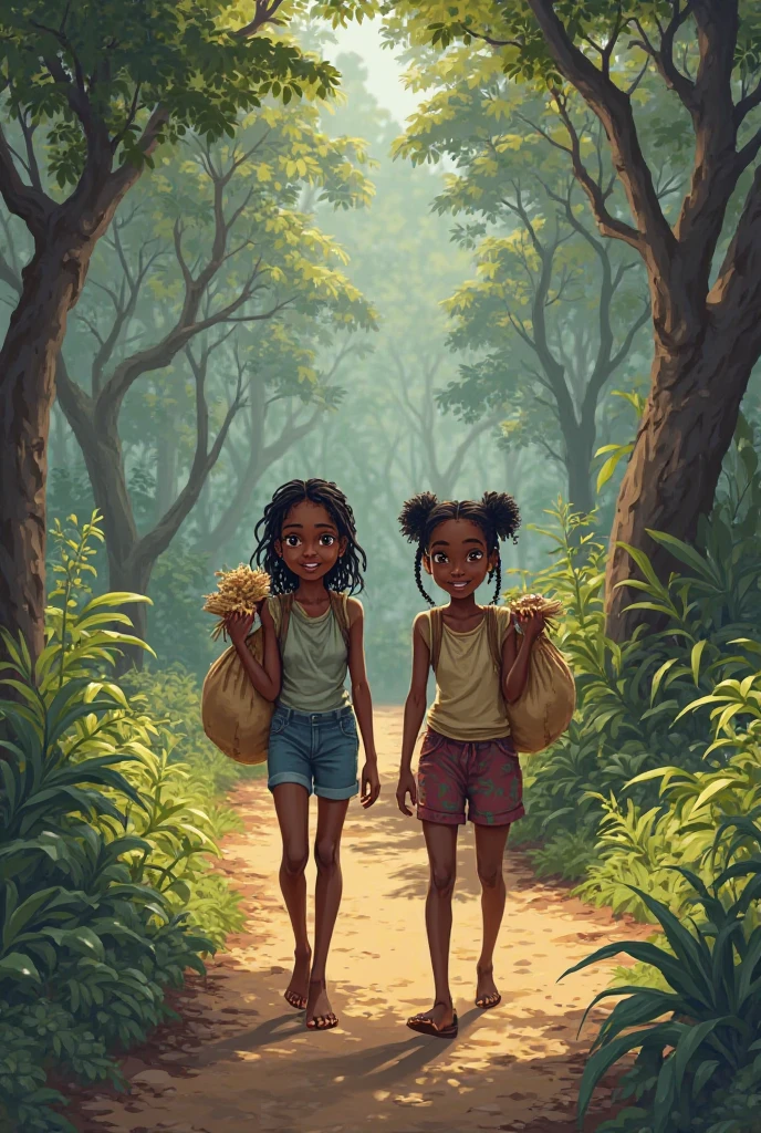 An image of two African young girls carrying sack and  walking in the forest road 