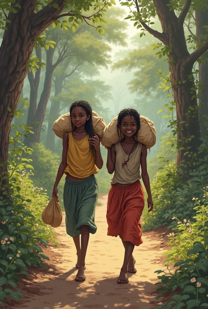 An image of two African young girls carrying sack and  walking in the forest road 