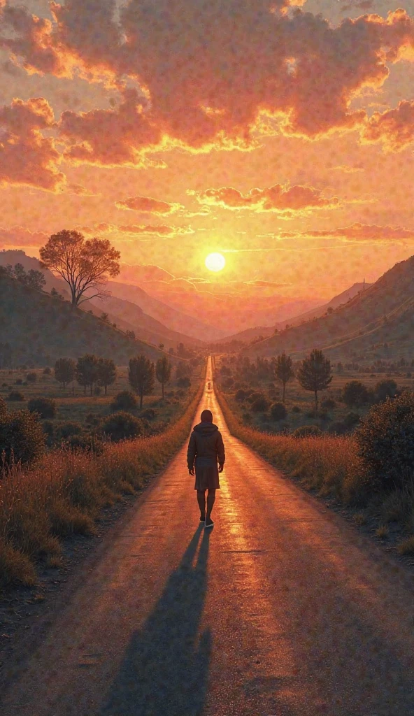 A person walks slowly down a deserted country road at sunset, gazing at the horizon. The atmosphere is still, evoking feelings of solitude and longing.
