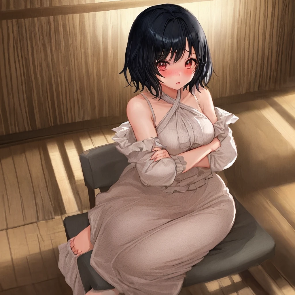 (((masterpiece, best quality, ultra highres, 1 girl, solo, no background))), super detailed skin and face and eyes and finger, beautiful japanese woman, small breasts:1.5, skinny, light brown hair, white background, very short curly pixie hair, (an illustration of girl), Knee shot, Generate with illustrations, Various expressions, Various poses, Please draw the entire character within the frame, ensuring that the head, arms, and legs are not cut off. The background should be simple, with the character positioned centrally, outline, anime, sad, underwear, sitting, spread legs,