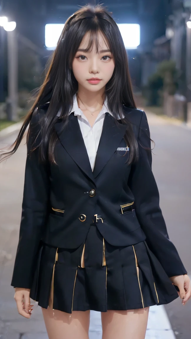 (1 Korean star with royal sister style), ((best quality, 8k, masterpiece: 1.3)), (slender body: 1.3), focus: 1.2, perfect body beauty: 1.4, (smile), (street: 1.3), highly detailed face and skin texture, fine eyes, double eyelids, whitened skin, (black straight face: 1.3), (round face: 1.2), (uniform skirt: 1.4),