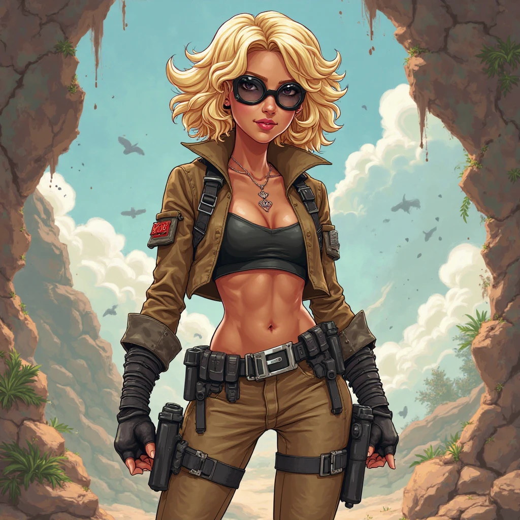 A ruined apocalyptic sci-fi city overgrown with alien plant life and strange alien monsters and animals, a busty beautiful young woman with tan skin and large bright hazel eyes with long lashes and cleopatra eyeliner, with a golden blonde hair, wearing a miniskirt and cut off tank top revealing the bottom of her breasts, round eye glasses, thigh high leather boots with stockings and a garter belt flashing a pair of silk panties, cyberpunk rifle slung over her shoulder, sci-fi backpack held on by straps across her chest, glaring at a monster in the far distance, side ponytail, Hyperrealism, masterpiece, best quality, 16k, anatomically correct, super detail, award winning