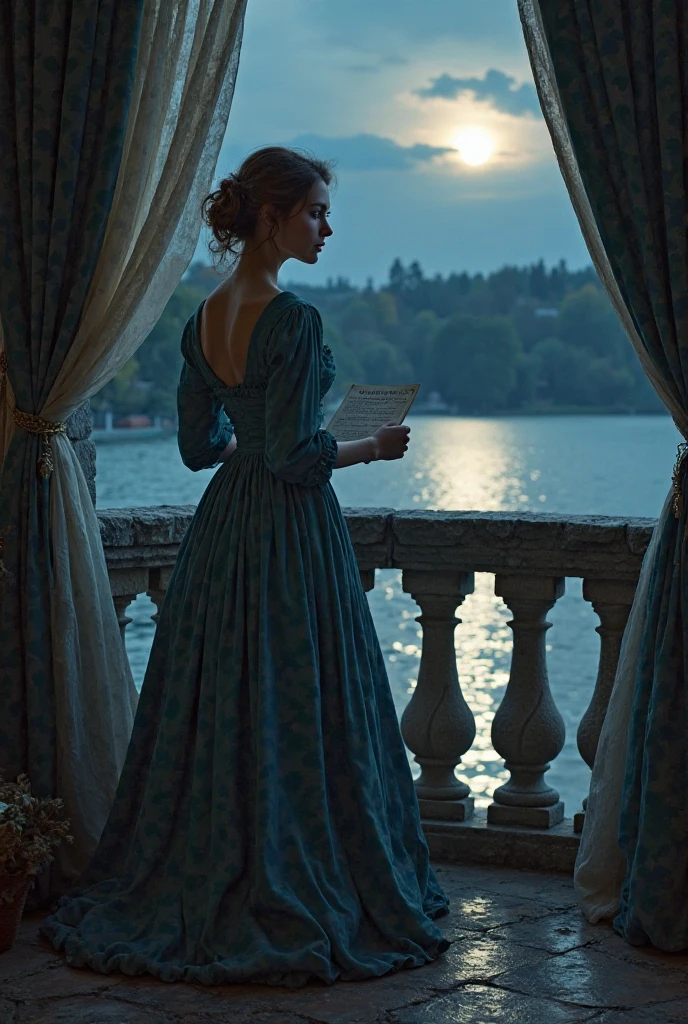 A woman wearing a long 19th-century dress stands on a stone balcony overlooking a calm lake in the moonlight, holding a letter in her hand and waiting for someone, while the balcony curtains move in the cool night breeze.