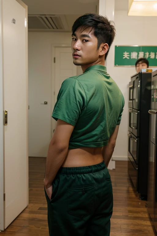 Handsome young man,Asian people,teenager,Take off your shirt.,Wear green underwear,leaning against the door,bedroom,There are neon lights.,