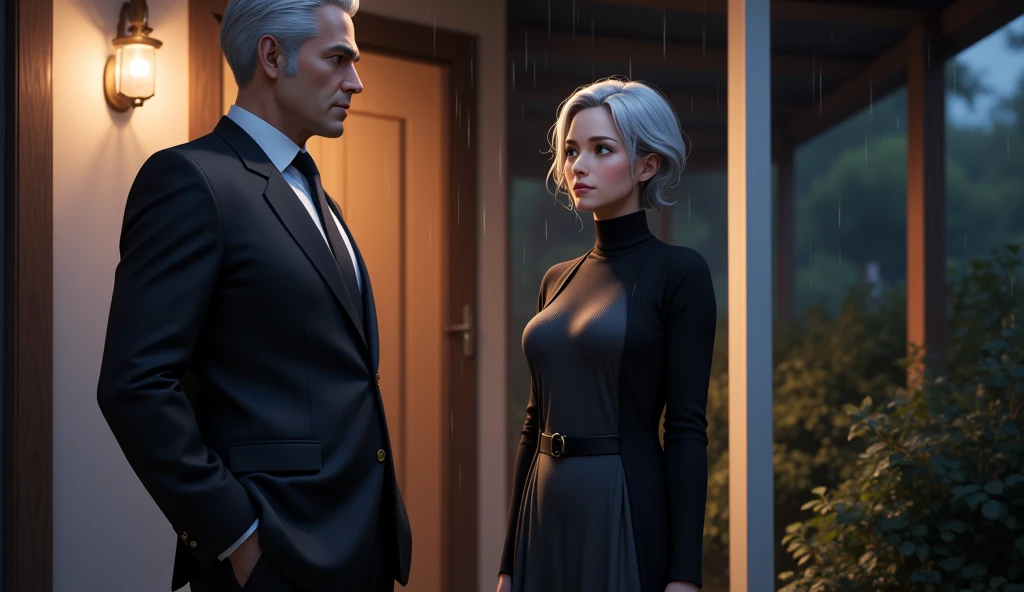 Full-length view from afar in bright colorful colors. Realistic anime. cinematic framing, Pixar style combined with anime, soft but vibrant colors, stylized 3D rendering with smooth cartoon textures. The view from afar from a great distance. Stylized 3D anime, soft side lighting, Pixar style, Unreal Engine, realistic cartoon. Front view from afar - from a long distance, A serious oncologist man, 50 years old, cold expression, short gray hair, wet in a suit, obviously frozen, standing on the porch in the rain, wet hair, tense face, asking for help from a woman who stands on the threshold of a house with gray hair in her 70s. She was wearing a long dark grey turtleneck dress and a long black cardigan. emotional realism, night, candlelight in the house