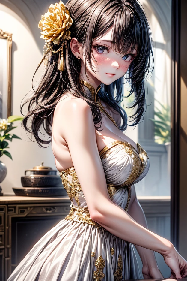 Picture of the most beautiful Thai girl with long, flowing hair The proportional figure is alluring and attractive. The shiny surface has a pearly glow with a luxurious and elegant design. Wearing a short traditional Thai dress, strapless, thin see-through fabric, beautifully intricate patterns, flowing fabric in short tones of white and gold. The background is a luxurious scene, a large hall. Feels like a palace, close-up photo