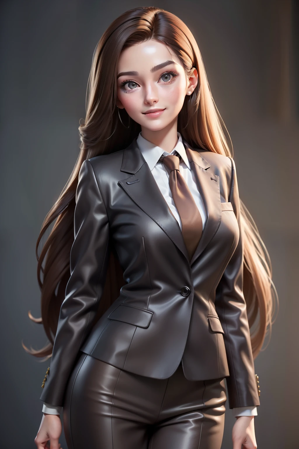 A hyper realistic carricature ,photorealism,of a woman 30 yo.with long hair style,standing.wearing brown office suit ,light smile, high detail,3d render,high definition.medium body,front view