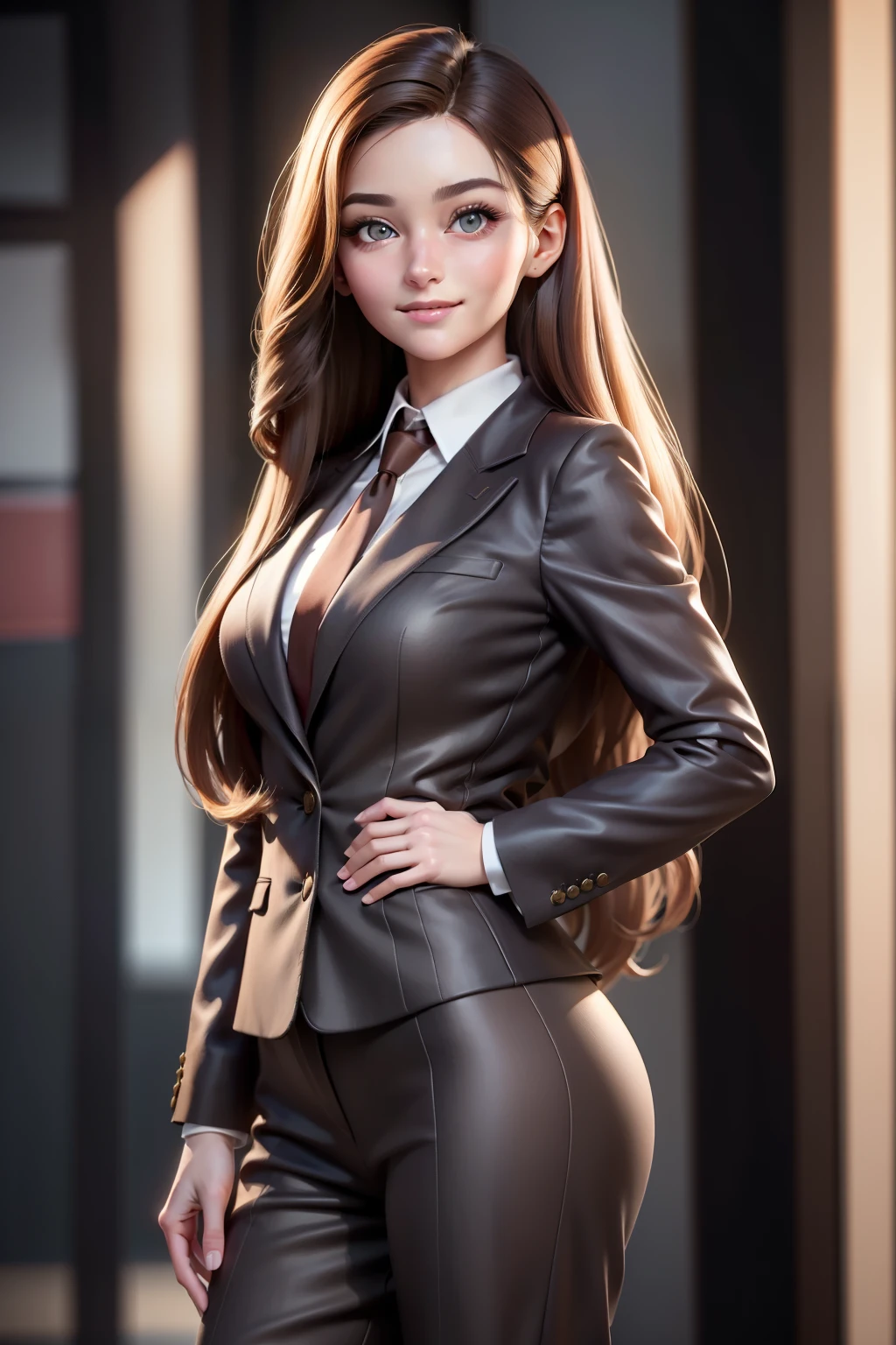 A hyper realistic carricature ,photorealism,of a woman 30 yo.with long hair style,standing.wearing brown office suit ,light smile, high detail,3d render,high definition.medium body,front view