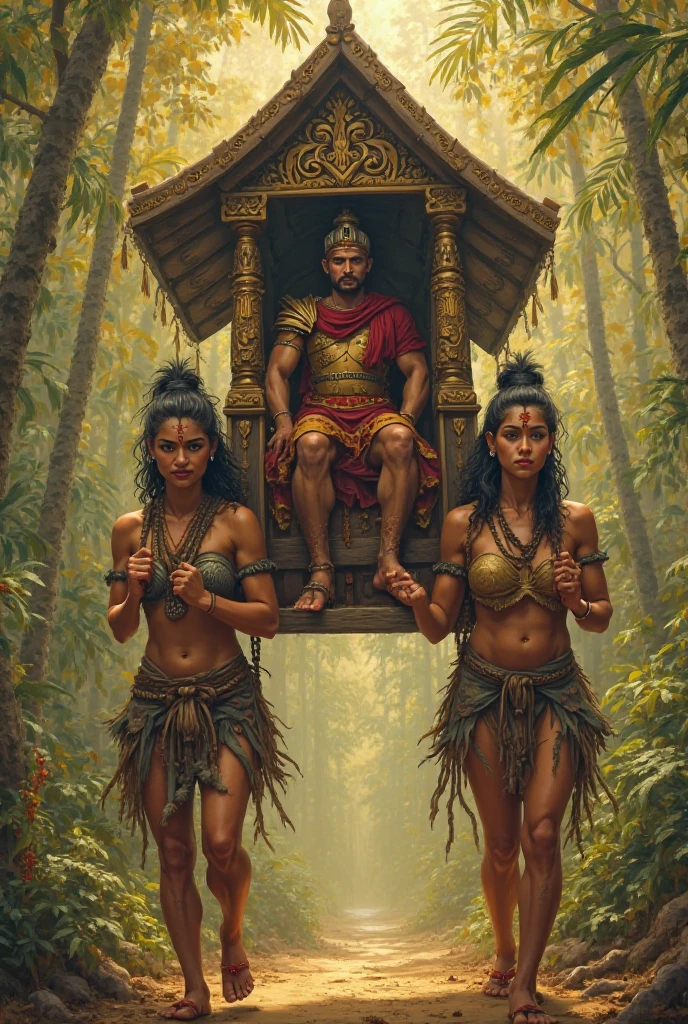 create image of A traditional painting in a realistic, dystopian style. Two tribal women, muscular and weary, are carrying a heavy wooden palanquin with a roof and ornate Southeast Asian motifs which sits on their shoulders. One woman carries the front of the palanquin on her shoulders, and the other carries the back. Both women are facing forward, in the same direction as the seated figure inside the palanquin. Their bodies strain under the immense weight — knees bent, backs tense, arms gripping the poles tightly, faces grimacing with effort. Inside the palanquin sits a Roman-style soldier in red and gold armor, relaxed and proud. The background is a lush, dense jungle bathed in golden sunlight. The women wear minimal tribal clothing with feathers, bones, and warpaint. The atmosphere conveys a strong sense of oppression, domination, and dystopian matriarchy.
Negative Prompt (optional):
 blurry, cartoon, low quality, modern clothing, inconsistent lighting, extra limbs, flat expressions
