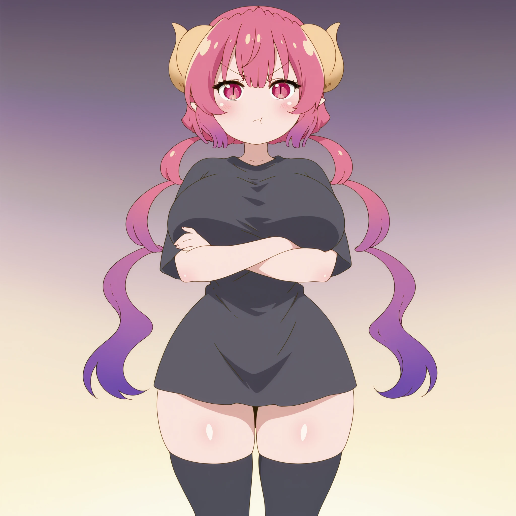score_9, score_8_above, score_7_above, fountain_cheered up, cheered up screencap, black shirt, aboveper body, SMILE ,big breasts, perla, dragon girl, wide, pink hair, dragon horns, pointy ears, multicoloRed hair, Red hair, hits, slit paboveils, swollen lips, Painted lips, thick lips, Wide hips, thick thighs, huge ass, longing for expensive lust , huge huge natural breasts,