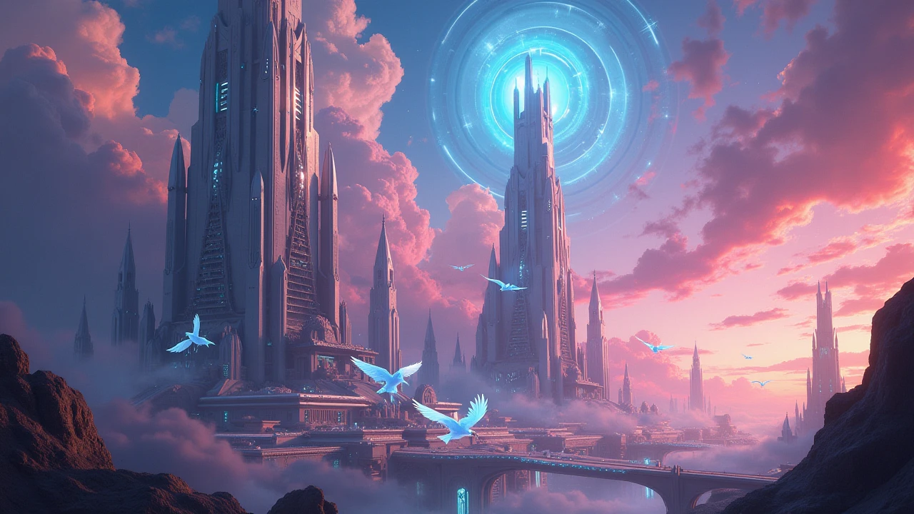 A futuristic divine city with tall mystical towers reaching into a vibrant cosmic sky, flocks of ethereal birds soaring through swirling colorful clouds, majestic and otherworldly fantasy atmosphere.