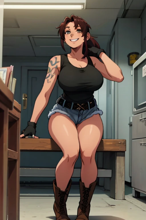 (masterpiece, best quality:1.2), solo, 1girl, revy, (48-year-old, mature woman, large breasts, sagging breasts, heavy breasts, chubby figure, thick thighs, milf) expressionless, looking at viewer, sitting, stool, ponytail, tank top, fingerless gloves, denim shorts, belt, cigarette, smoking, holster, bar \(place\)