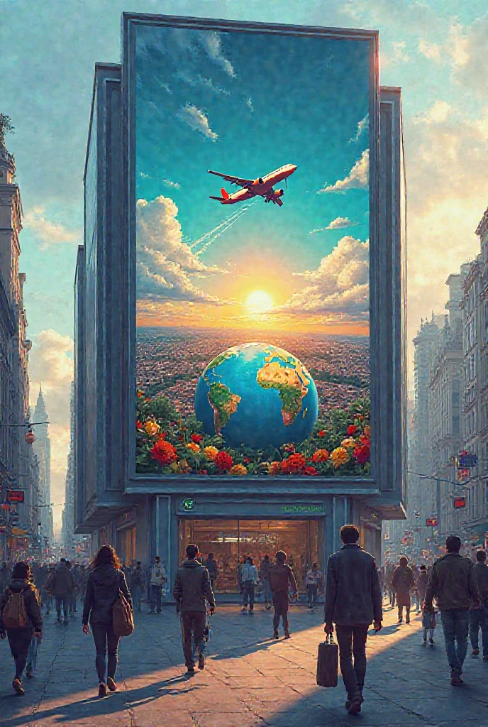 A large billboard in the middle of the street has a drawing of a plane flying over the globe and people on the street are looking at it carrying travel bags

