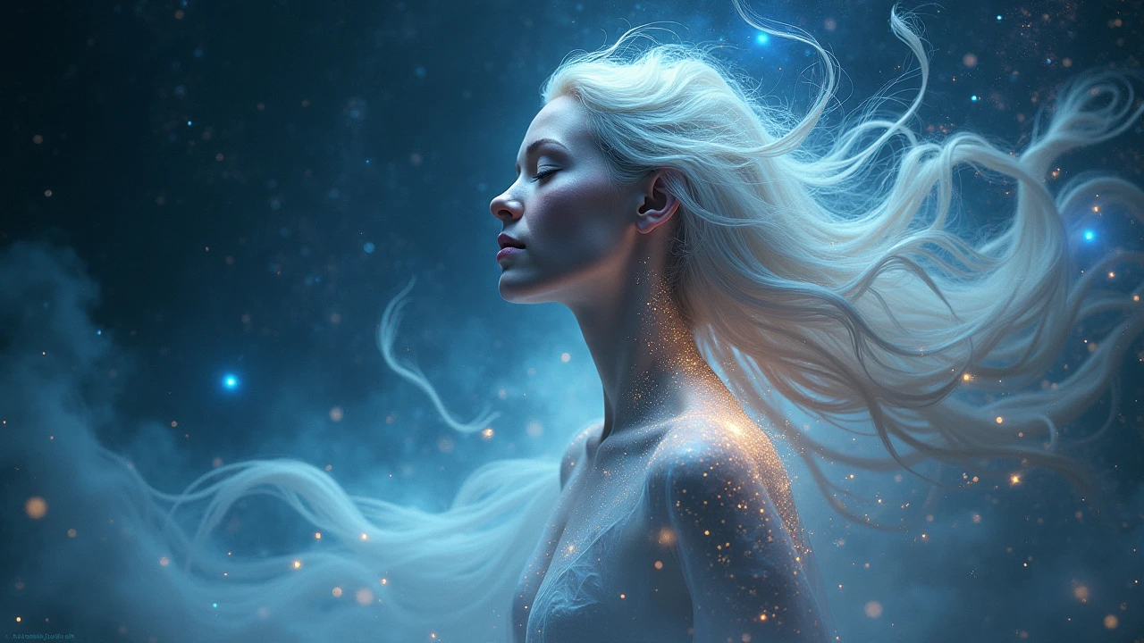 A cosmic female figure with ethereal flowing hair blending into the galaxy, soft light illuminating her face, deep space background with stars and nebulas, mystical and divine presence --ar 16:9