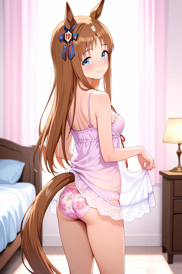 Tokai Teio\(umamusume\), ((Highly detailed eyes)), masterpiece, Highest quality, (abnormal body, Small breasts, (Horse tail) ,smile, blush, (indoor, office, living room), whole body, frontage, Long ponytail, (White panties), (White bra), (In underwear), (Flashy underwear), (lingerie), From behind