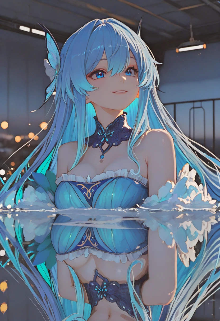 Ocean Goddess, perfect slim body, mature royal sister, blue hair, royal sister face, black face, open-chest outfit, sexy and alluring, beautiful face, full body portrait, 4K picture quality, big body, feminine expression, blush shy, large bust, ocean temple, turquoise water, ((sapphire beautiful eyes)), gentle, sexy
