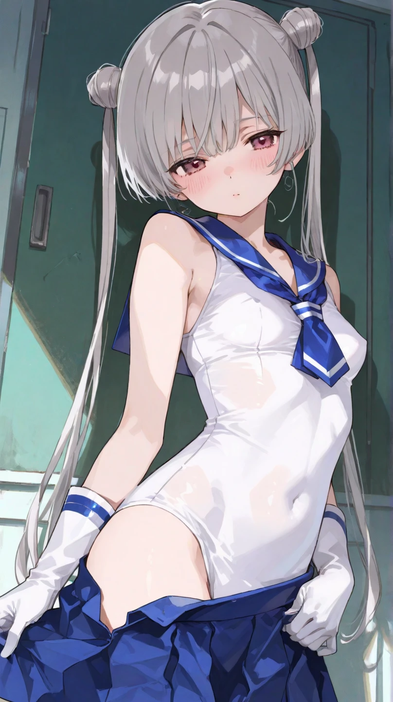 top-quality、realistic touch,high-detail、photoRealstic、long body、thin-waist、captive beauty、big eye、Strong platinum blonde eyelashes、platinum-blond、full body Esbian、Sparkling eyes、Submissive smile、Flushed cheeks、Kamimei、thin-waist、Voluptuous thighs、Enraptured look、Raked bangs、The forehead is protruding、a sailor suit、sleeveless、Inside a room、 girl、pony tail hairstyle、standing、clothes with wide open sides、Navel Look