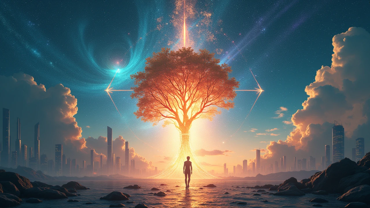 A person walking towards a radiant tree of light, surrounded by futuristic city elements, vibrant cosmic energy flowing like streams, abstract geometric shapes in the sky --ar 16:9