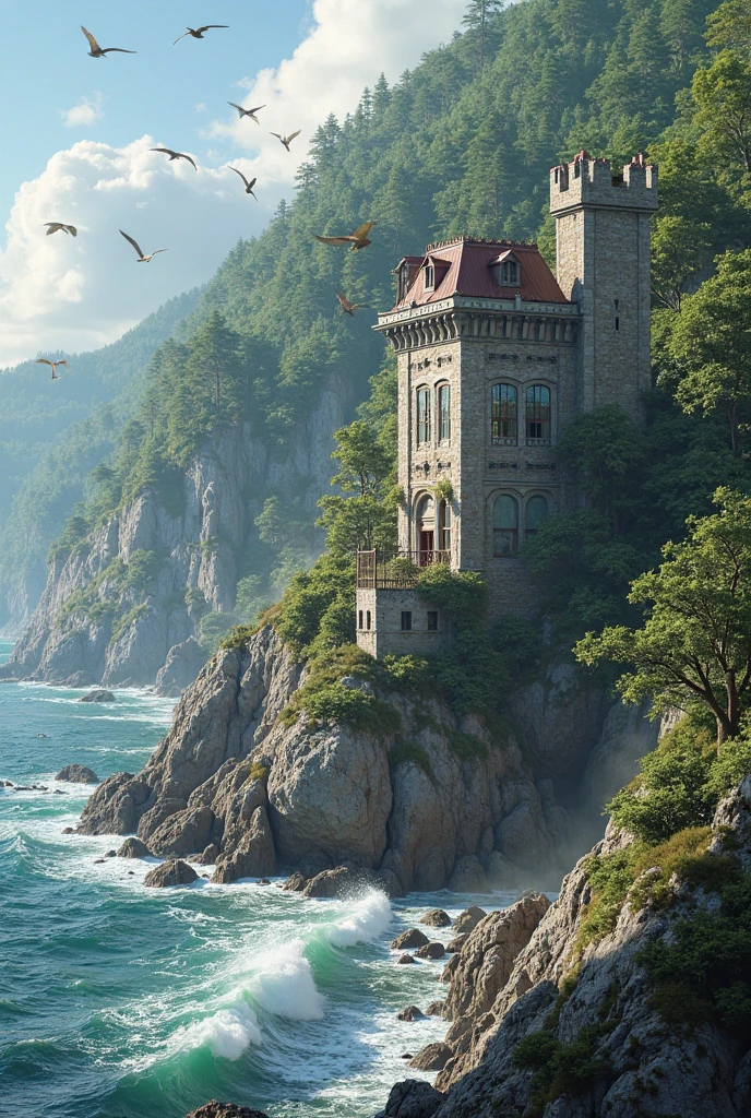 Small keep on the coast near docks. Large forest in background.