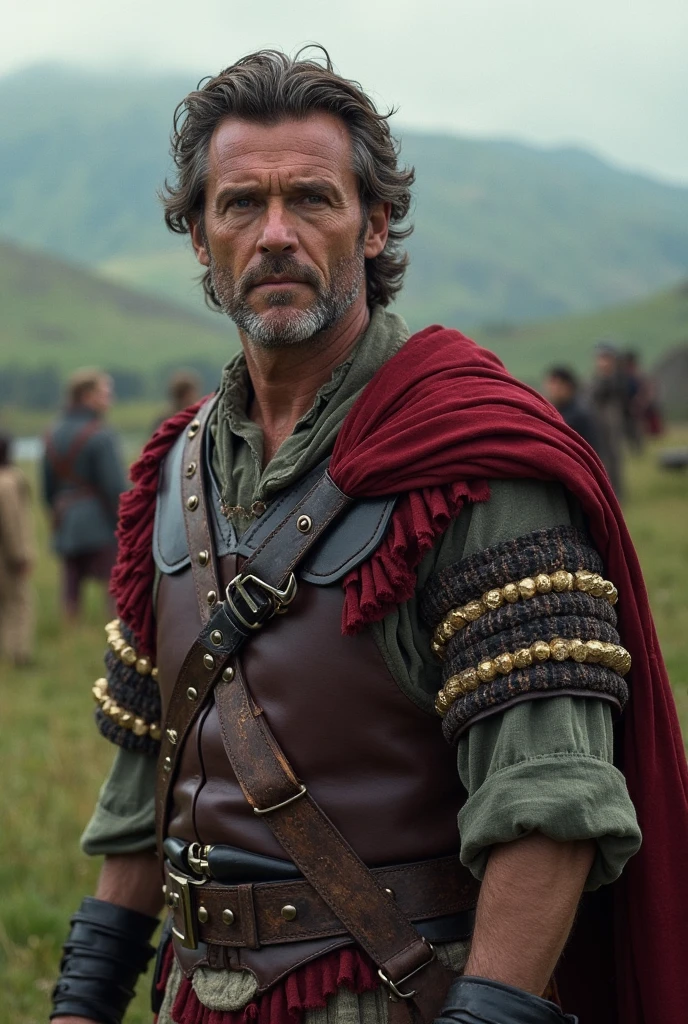 simple background,A 35 year old male,white hair,white mustache with a short white beard. strong,((grey medieval tunic)),brown loose medieval leather pants,adventure boots. Renaissance clothing,Stern look,green eyes,wearing an emerald on a small chain around his neck,cowboy shot,<lora:wowifierV3:0.6>,<lora:more_details:0.7>,holy magic around him,vamptech,<lora:VampiricTech-20:0.7>,