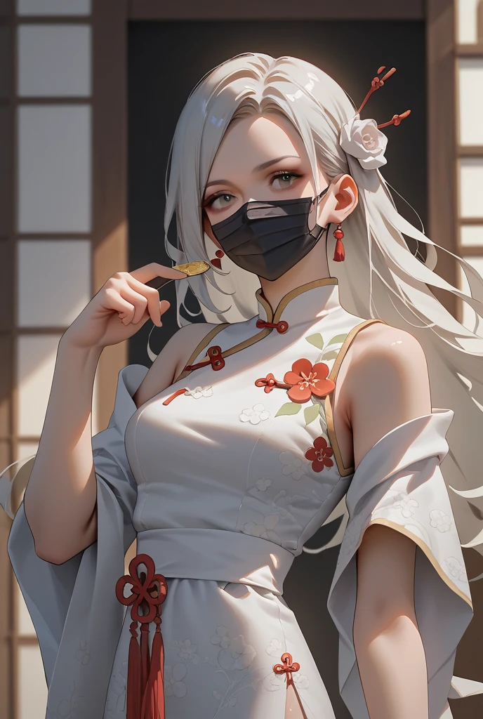 Create a Chinese image. There is a single man wearing a black hanfu dress, wearing a mask covering his upper face. The heroine wears a white dress with a floral print, long hair, a beautiful face with a big smile on her back. Behind is a Chinese decorative ruler. The hero holds the heroine's arm with his left hand, his right hand squeezes her chin. EPIC

