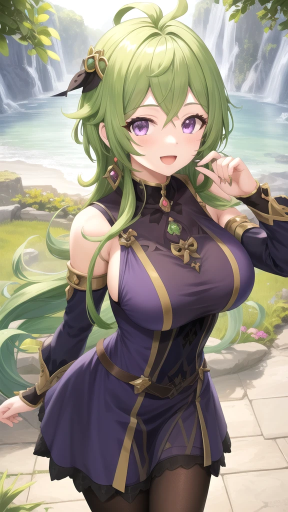 (masterpiece), best quality, expressive eyes, perfect face,((1girl)),(((mature woman))),(green and black elven dress:1.3)),(huge breasts:1.3),green hair,crystal amulet,outdoors,garter belt,high heels,middle hair,wavy hair,cleavage,looking at viewer,light smile, eyeshadows, eye liner,glistening eyes, hyper detailed eyes, intricate eyes, beautiful eye, ((glowing purple pupils))、standing,head tilt,standing on one leg,sexy pose,smiles,(face focus)