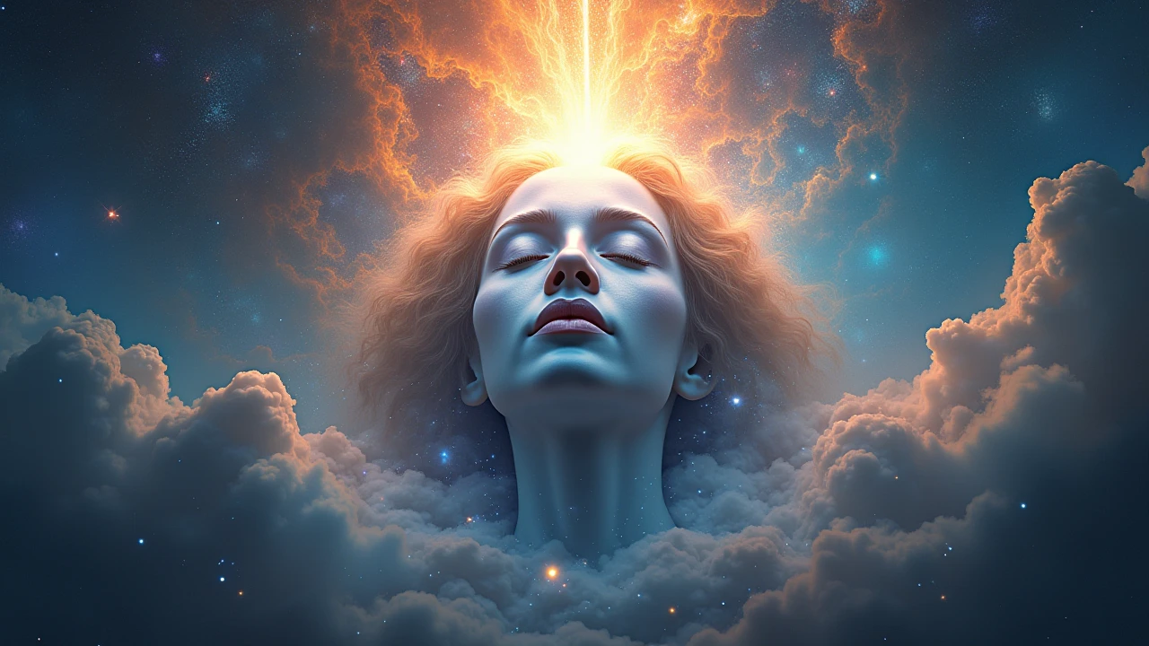A surreal cosmic face surrounded by planets and galaxies, with streams of light representing God's overwhelming love, dreamlike and celestial, colorful and radiant.